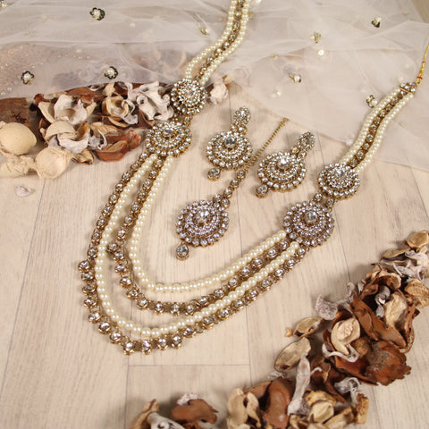 Diamond Cluster Rani Haar Set with 3 Pearl Tiers