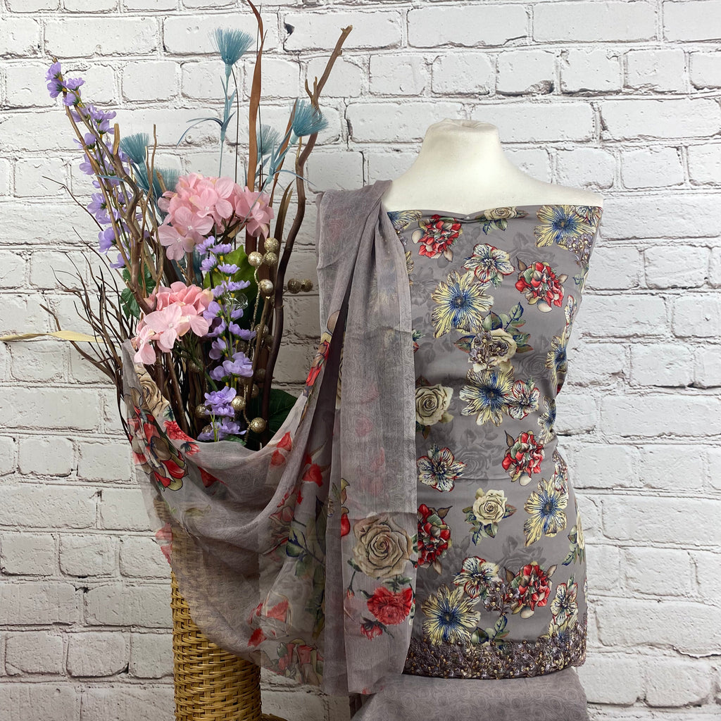 Designer floral crepe print suit
