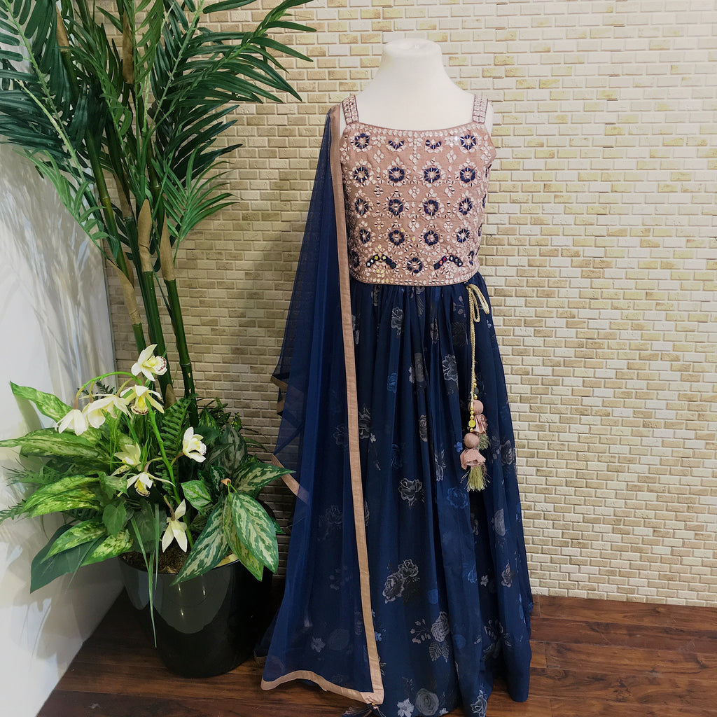 CHILDREN'S NAVY GEORGETTE PRINTED LENGHA