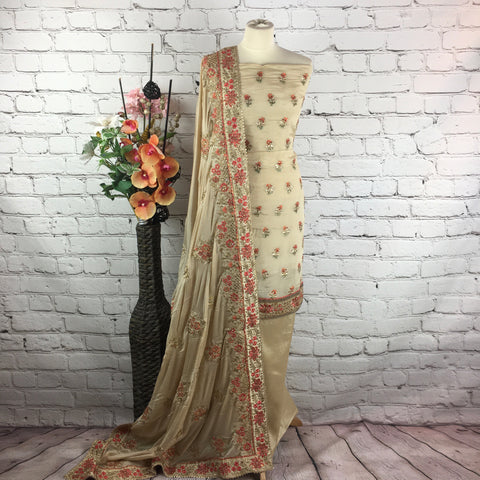 Unstitched Soft Floral Faux Benarsi Silk Suit (A11)