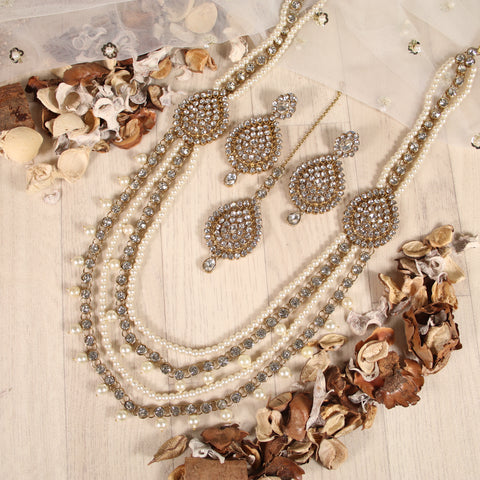 Diamond Cluster Rani Haar Set with 3 Pearl Tiers